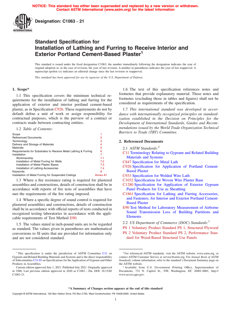 ASTM C1063-21 - Standard Specification for Installation of Lathing and Furring to Receive Interior and  Exterior Portland Cement-Based Plaster