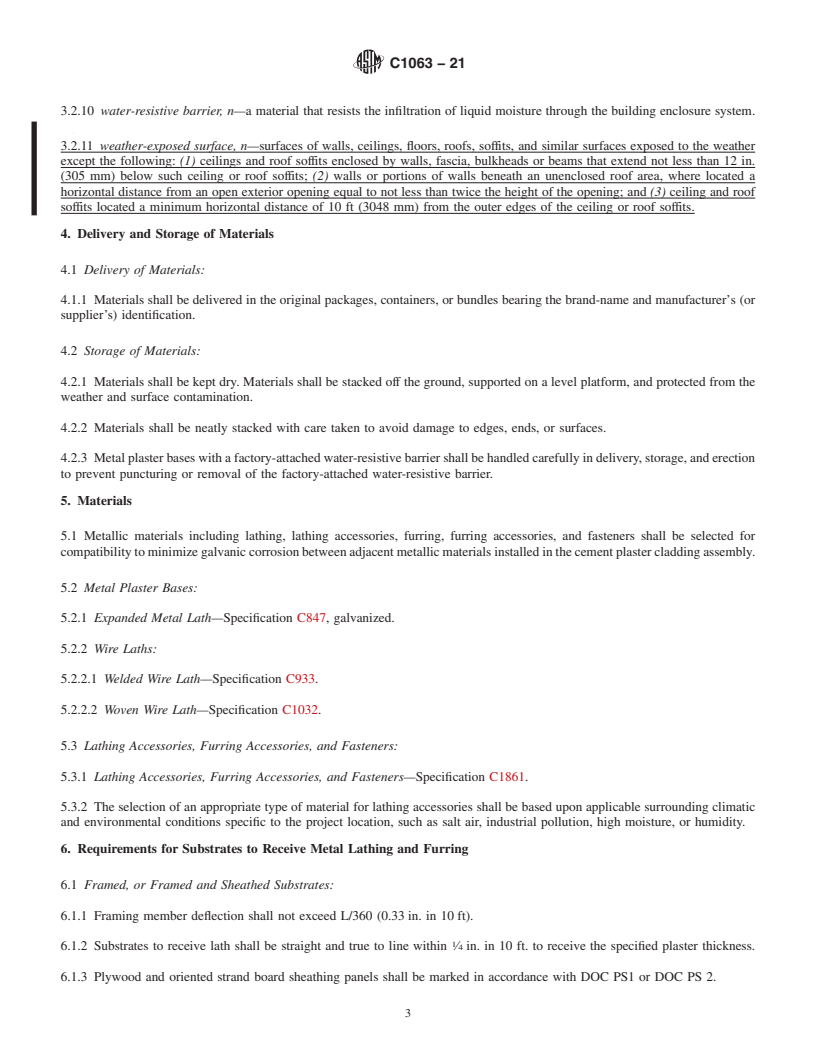 REDLINE ASTM C1063-21 - Standard Specification for Installation of Lathing and Furring to Receive Interior and  Exterior Portland Cement-Based Plaster