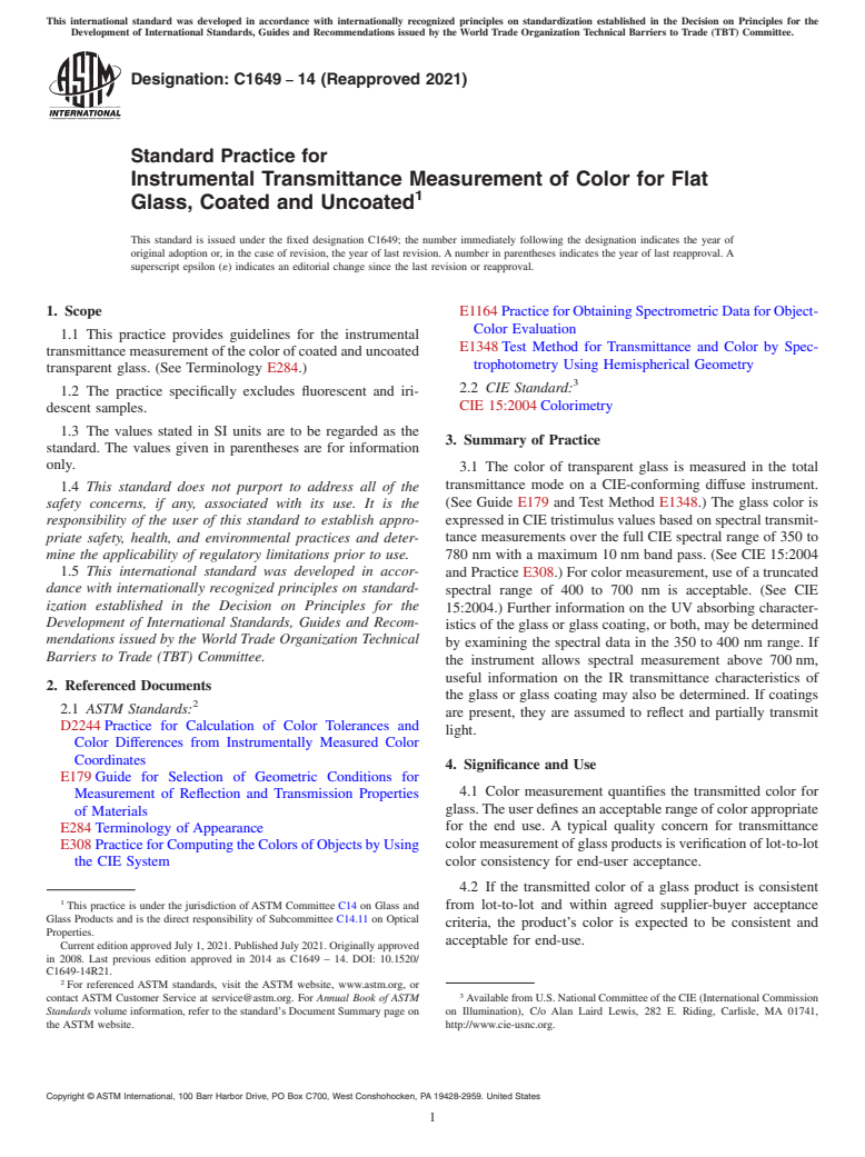 ASTM C1649-14(2021) - Standard Practice for  Instrumental Transmittance Measurement of Color for Flat Glass,   Coated and Uncoated