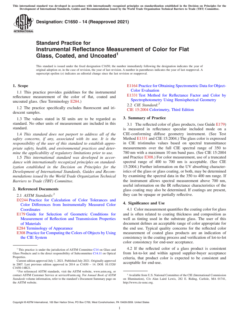 ASTM C1650-14(2021) - Standard Practice for  Instrumental Reflectance Measurement of Color for Flat Glass,   Coated, and Uncoated