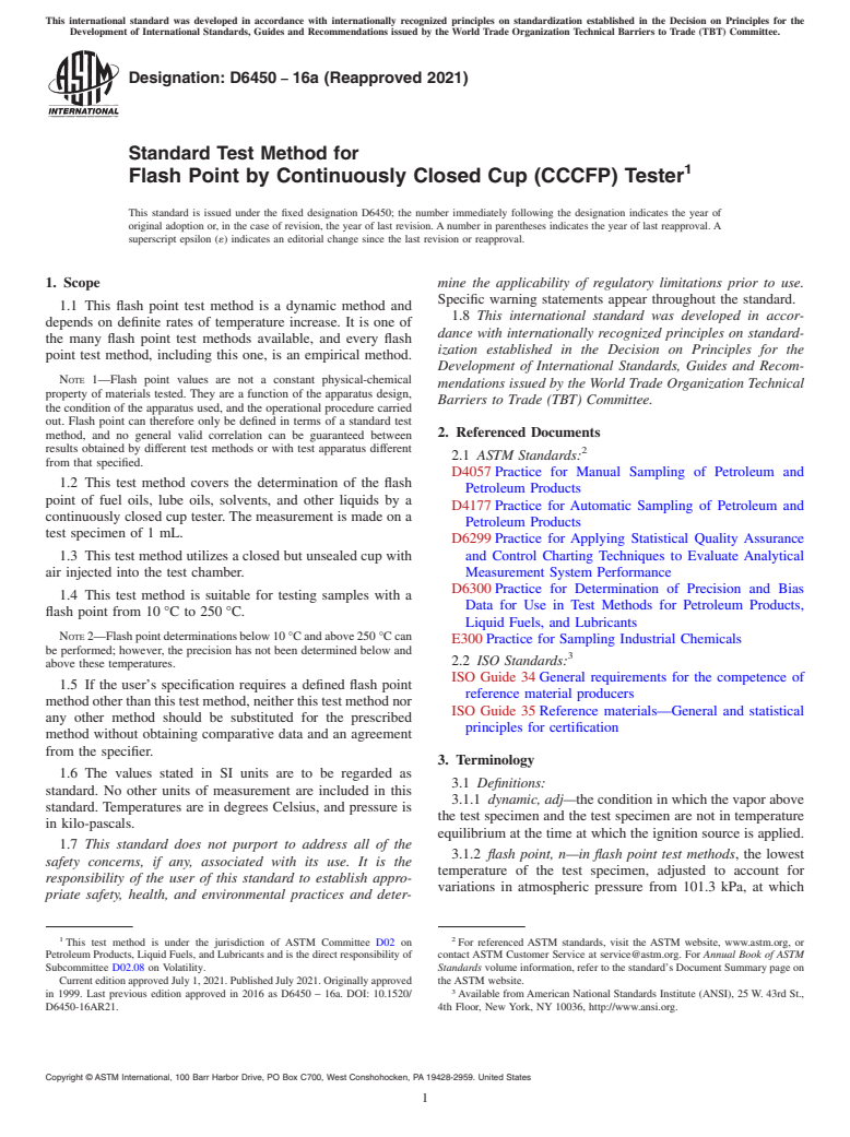 ASTM D6450-16a(2021) - Standard Test Method for Flash Point by Continuously Closed Cup (CCCFP) Tester