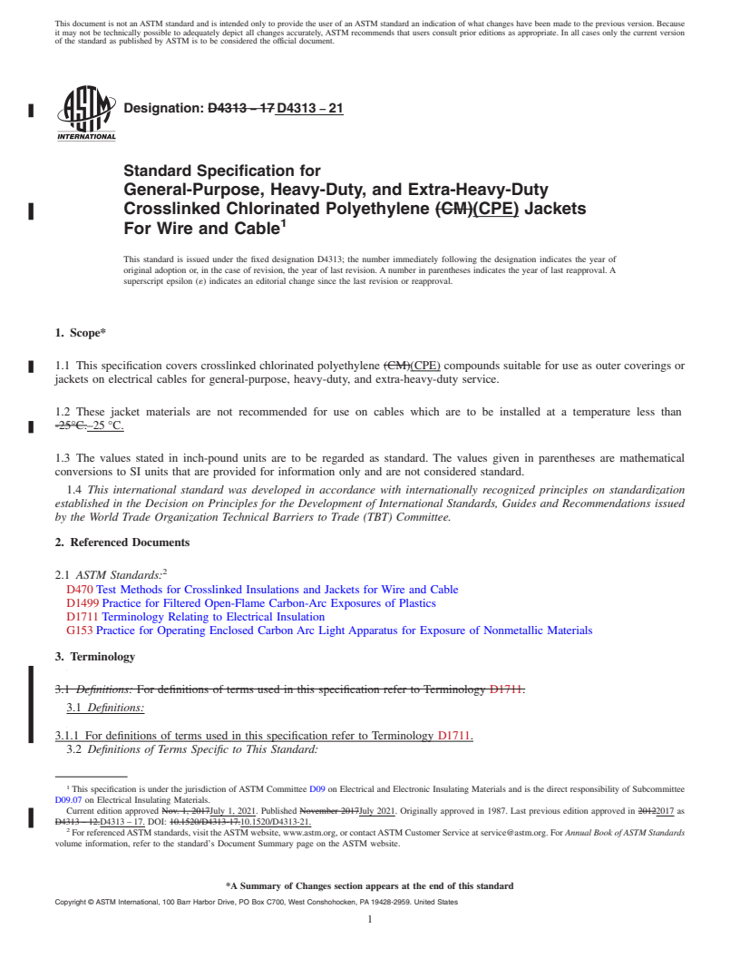 REDLINE ASTM D4313-21 - Standard Specification for  General-Purpose, Heavy-Duty, and Extra-Heavy-Duty Crosslinked   Chlorinated Polyethylene (CPE) Jackets For Wire and Cable