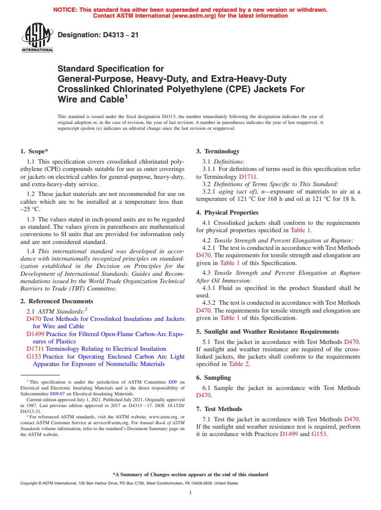 ASTM D4313-21 - Standard Specification for  General-Purpose, Heavy-Duty, and Extra-Heavy-Duty Crosslinked   Chlorinated Polyethylene (CPE) Jackets For Wire and Cable