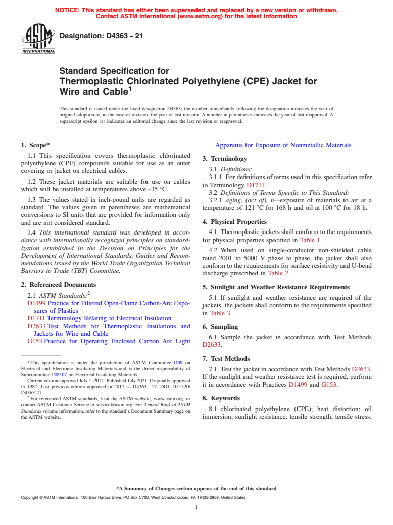 ASTM D4363-21 - Standard Specification for  Thermoplastic Chlorinated Polyethylene (CPE) Jacket for Wire   and Cable