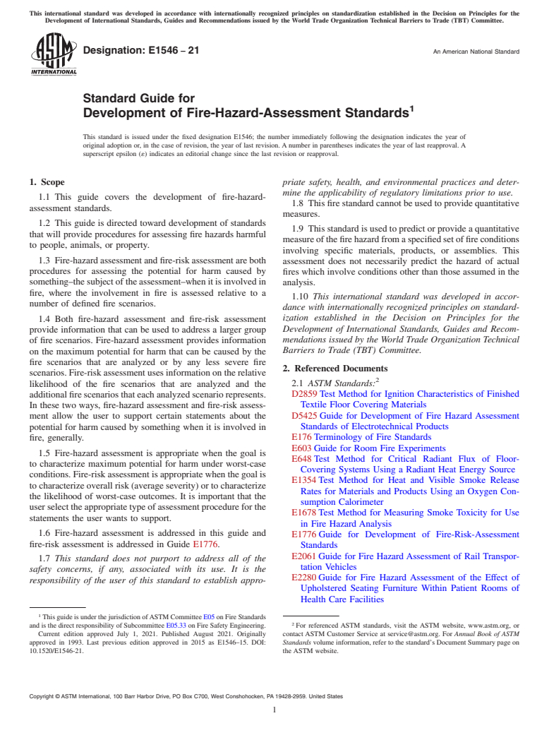 ASTM E1546-21 - Standard Guide for  Development of Fire-Hazard-Assessment Standards