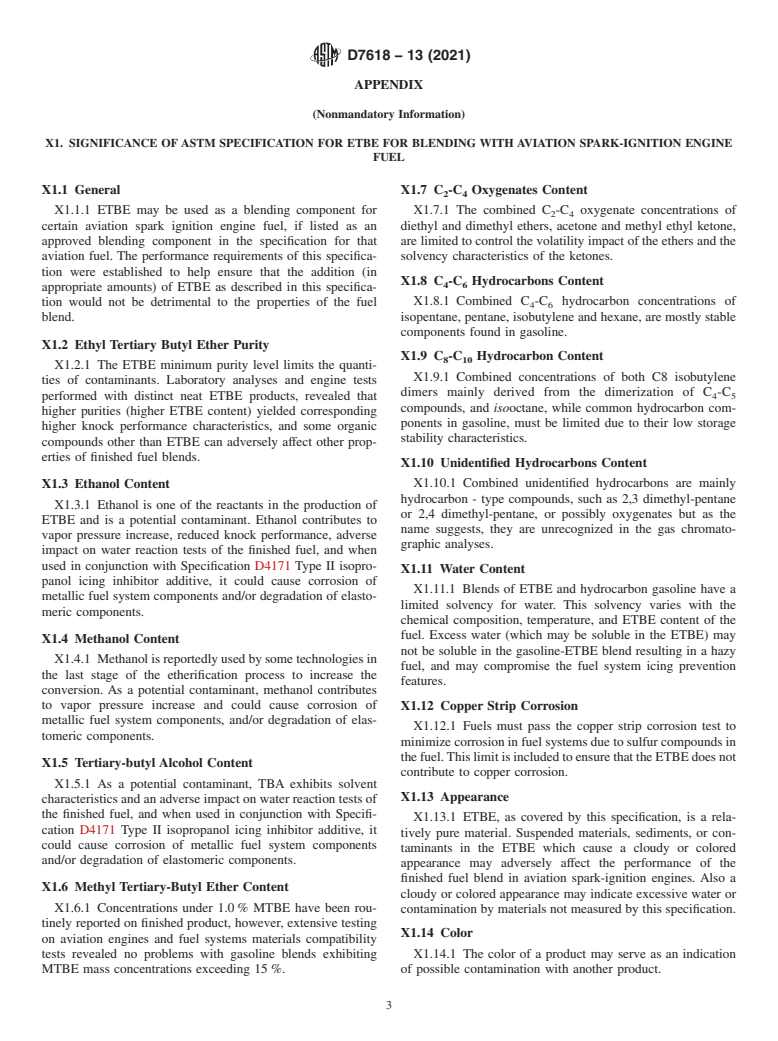 ASTM D7618-13(2021) - Standard Specification for  Ethyl Tertiary-Butyl Ether (ETBE) for Blending with Aviation  Spark-Ignition Engine Fuel