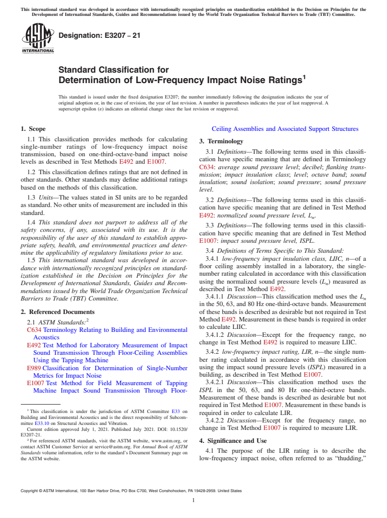 ASTM E3207-21 - Standard Classification for Determination of Low-Frequency Impact Noise Ratings