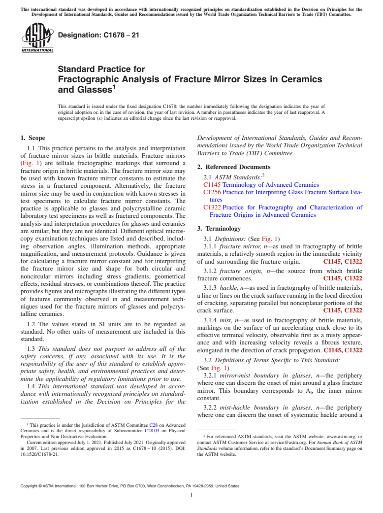 ASTM C1678-21 - Standard Practice for Fractographic Analysis of Fracture Mirror Sizes in Ceramics  and Glasses