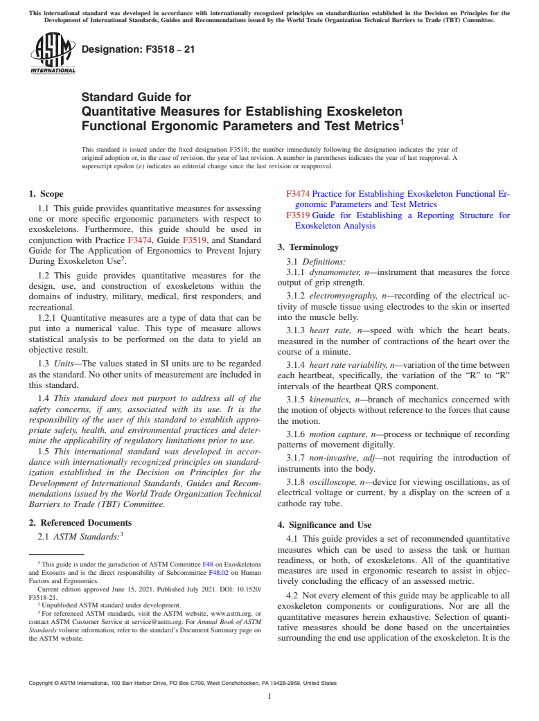 ASTM F3518-21 - Standard Guide for Quantitative Measures for Establishing Exoskeleton Functional   Ergonomic Parameters and Test Metrics