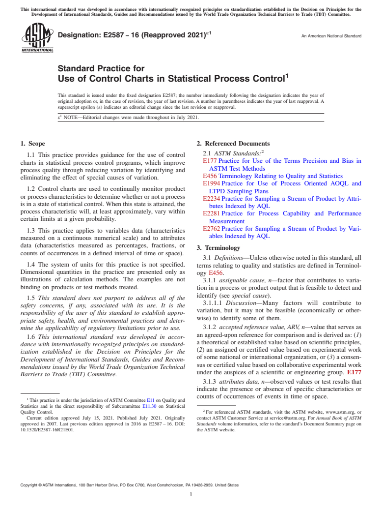 ASTM E2587-16(2021)e1 - Standard Practice for  Use of Control Charts in Statistical Process Control