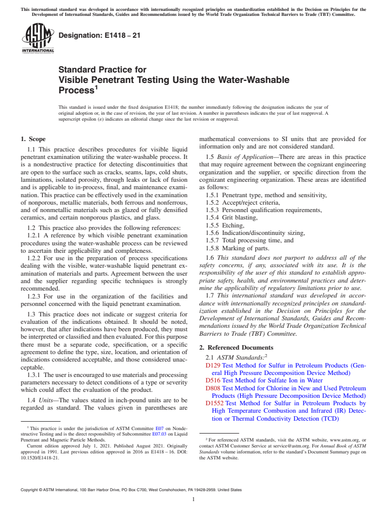 ASTM E1418-21 - Standard Practice for  Visible Penetrant Testing Using the Water-Washable Process