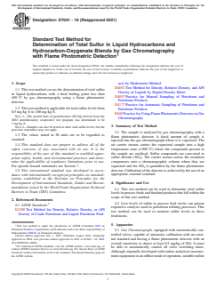 ASTM D7041-16(2021) ASTM D7041-16(2021) - Standard Test Method for Determination of Total Sulfur in Liquid Hydrocarbons and Hydrocarbon-Oxygenate Blends by Gas Chromatography with Flame Photometric Detection - Page 1 preview