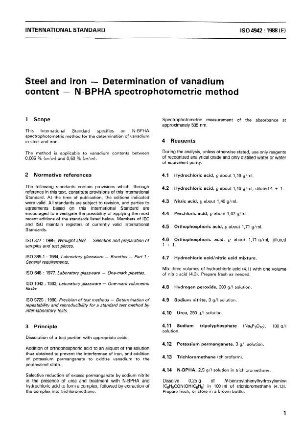 ISO 4942:1988 - Steel and iron -- Determination of vanadium content -- N-BPHA spectrophotometric method