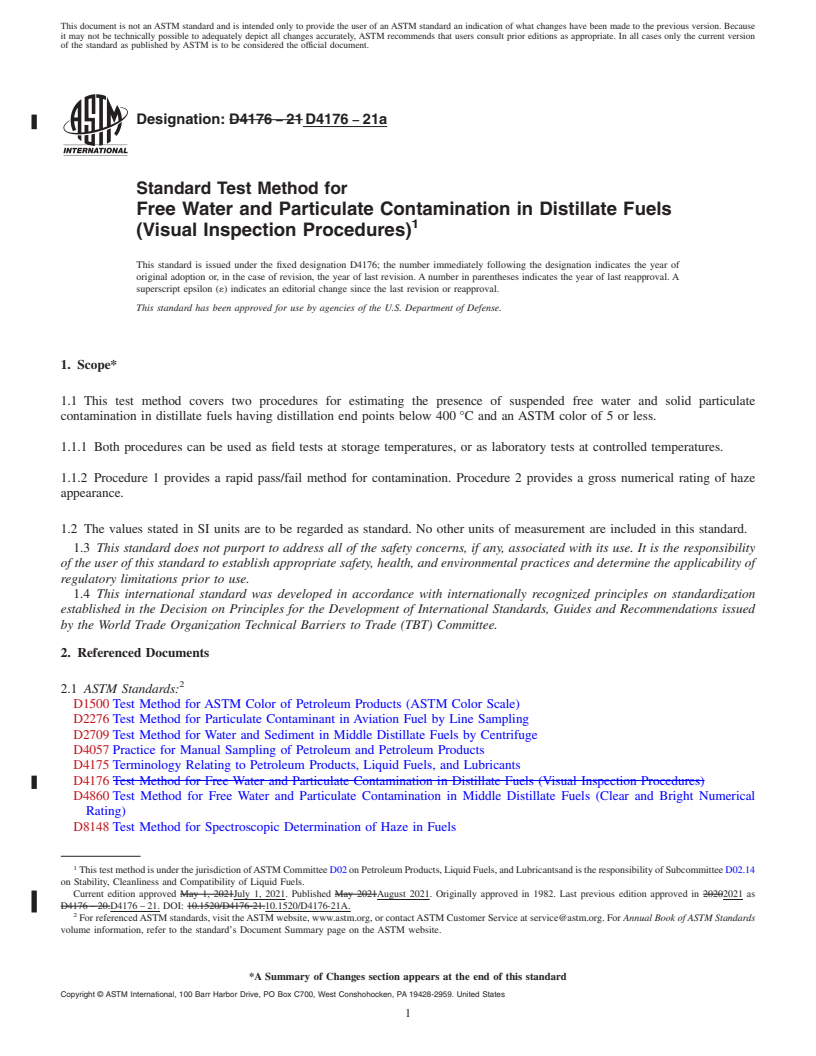 REDLINE ASTM D4176-21a - Standard Test Method for  Free Water and Particulate Contamination in Distillate Fuels   (Visual Inspection Procedures)