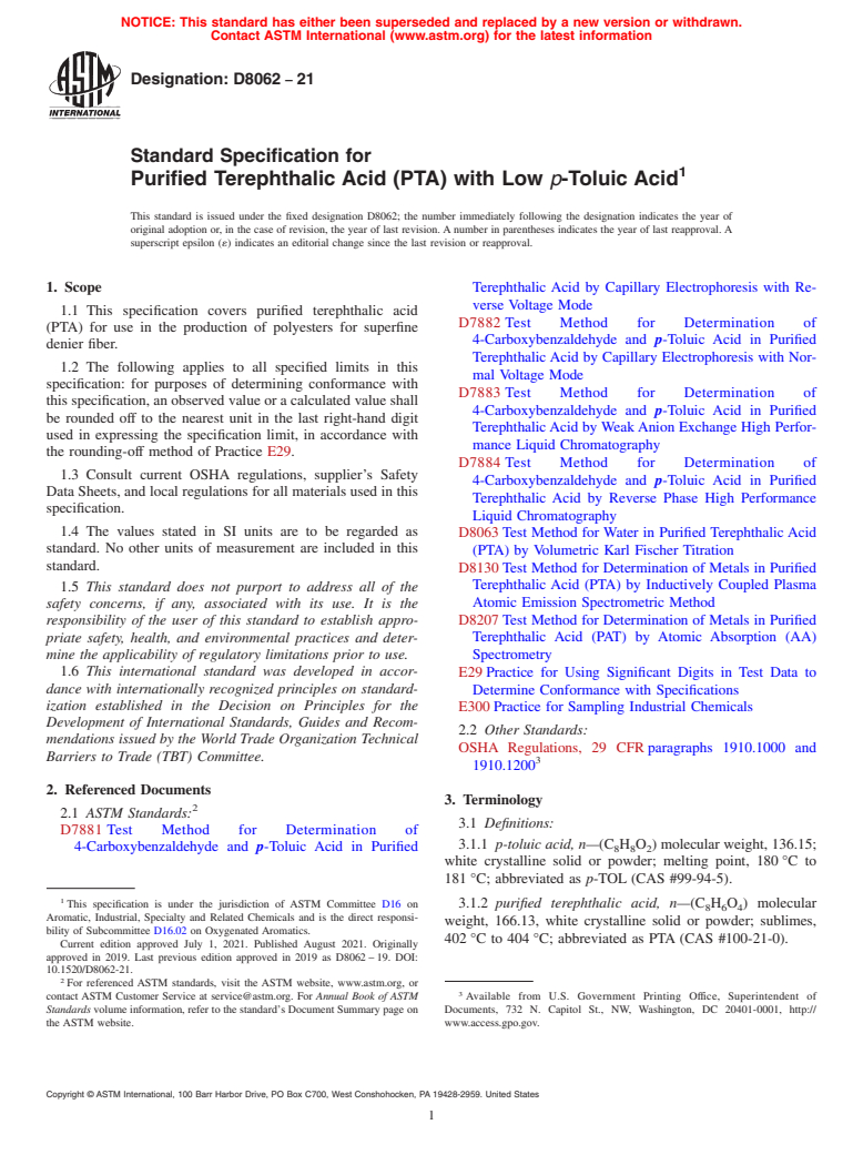 ASTM D8062-21 - Standard Specification for Purified Terephthalic Acid (PTA) with Low <emph type="ital"  >p</emph>-Toluic Acid