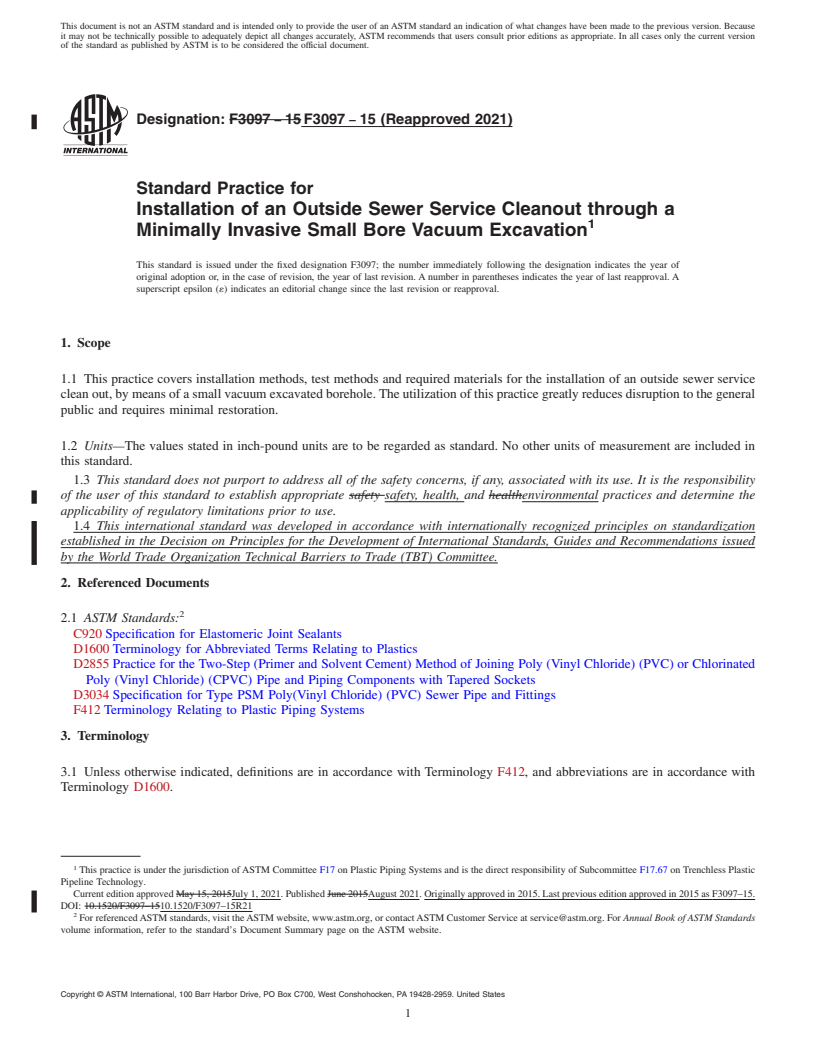 REDLINE ASTM F3097-15(2021) - Standard Practice for Installation of an Outside Sewer Service Cleanout through a  Minimally Invasive Small Bore Vacuum Excavation