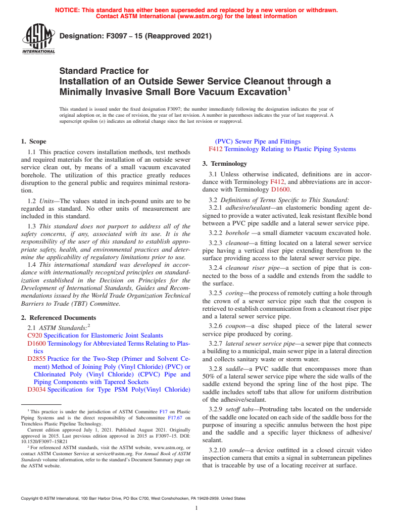 ASTM F3097-15(2021) - Standard Practice for Installation of an Outside Sewer Service Cleanout through a  Minimally Invasive Small Bore Vacuum Excavation