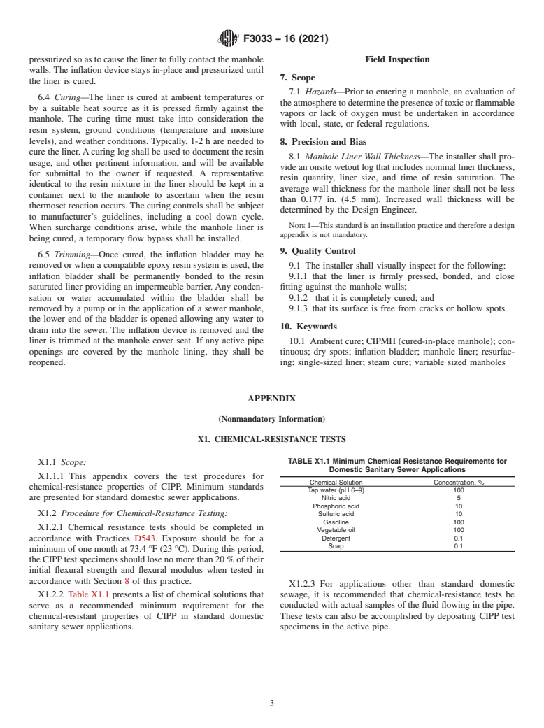 ASTM F3033-16(2021) - Standard Practice for Installation of a Single-Sized, Cured-In-Place Liner Utilizing  an Inflatable Bladder for Resurfacing Manhole Walls of Various  Shapes  and Sizes<rangeref></rangeref  >