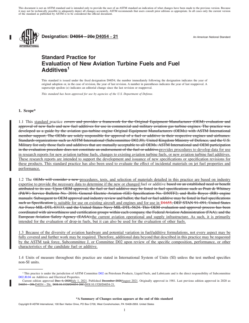 REDLINE ASTM D4054-21 - Standard Practice for Evaluation of New Aviation Turbine Fuels and Fuel Additives