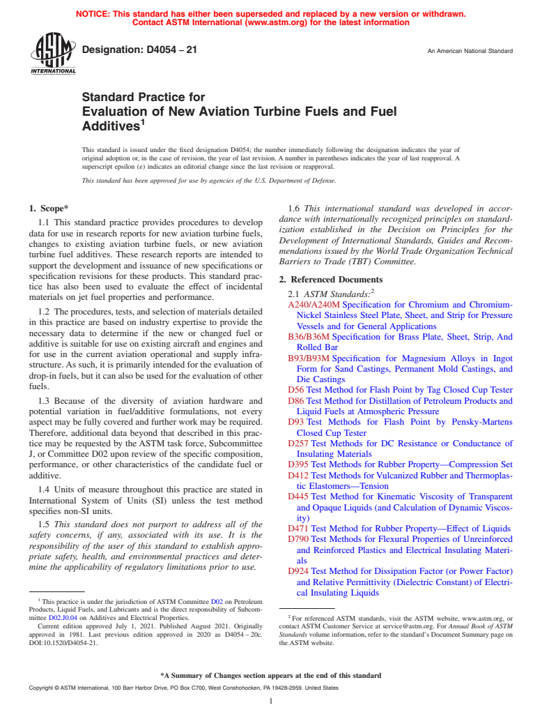 ASTM D4054-21 - Standard Practice for Evaluation of New Aviation Turbine Fuels and Fuel Additives