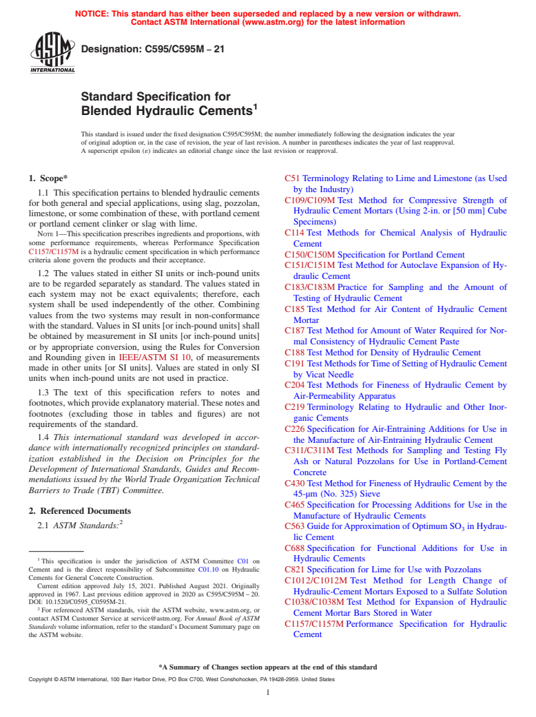 ASTM C595/C595M-21 - Standard Specification for Blended Hydraulic Cements