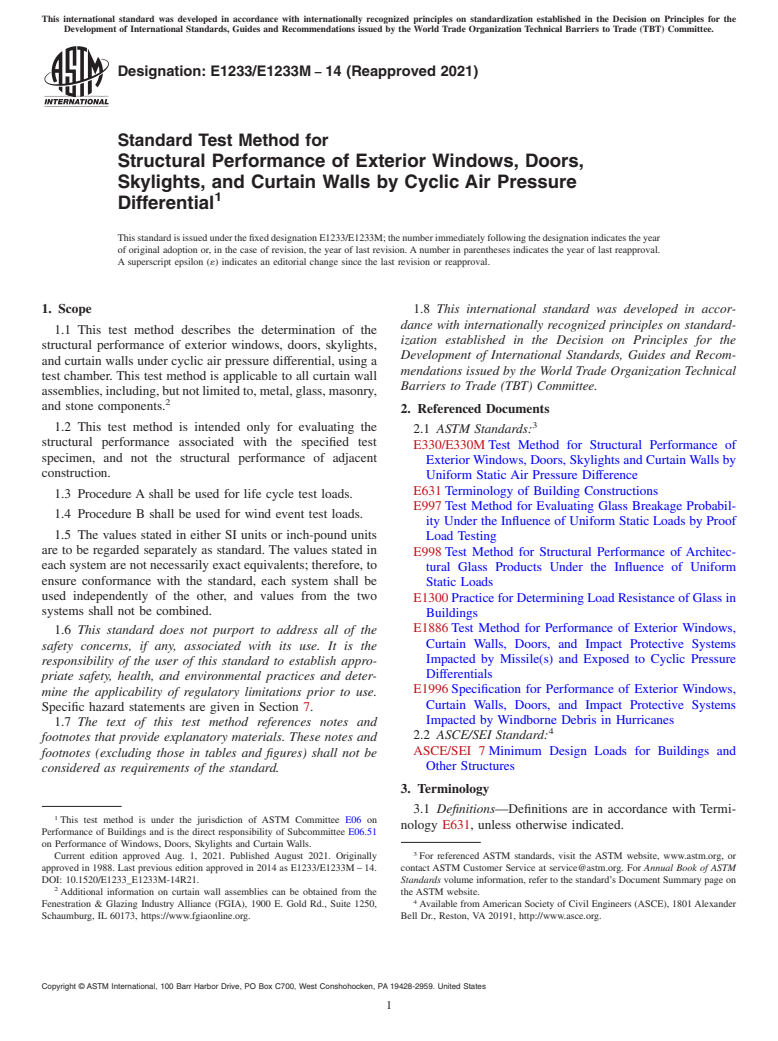 ASTM E1233/E1233M-14(2021) - Standard Test Method for Structural Performance of Exterior Windows, Doors, Skylights, and Curtain Walls by Cyclic Air Pressure Differential