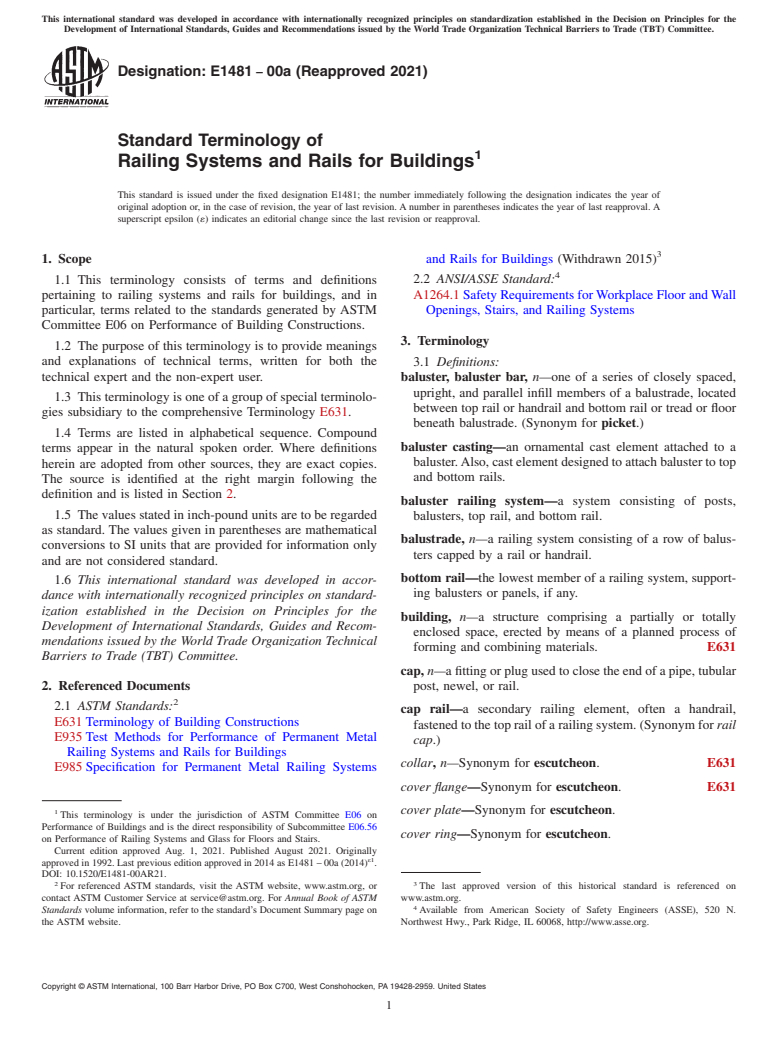 ASTM E1481-00a(2021) - Standard Terminology of Railing Systems and Rails for Buildings