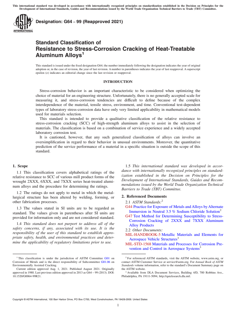 ASTM G64-99(2021) - Standard Classification of Resistance to Stress-Corrosion Cracking of Heat-Treatable Aluminum  Alloys