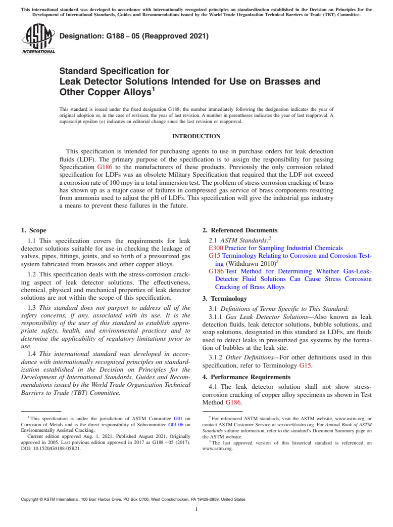 ASTM G188-05(2021) - Standard Specification for Leak Detector Solutions Intended for Use on Brasses and Other  Copper  Alloys