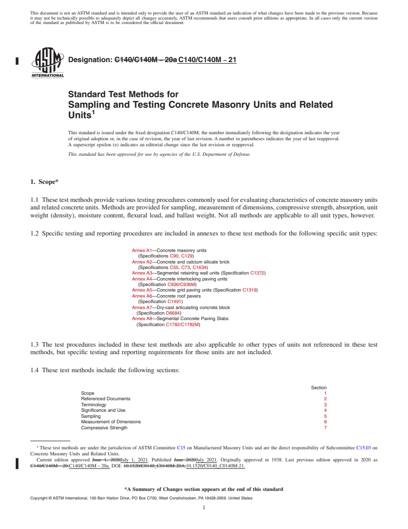 REDLINE ASTM C140/C140M-21 - Standard Test Methods for Sampling and Testing Concrete Masonry Units and Related Units