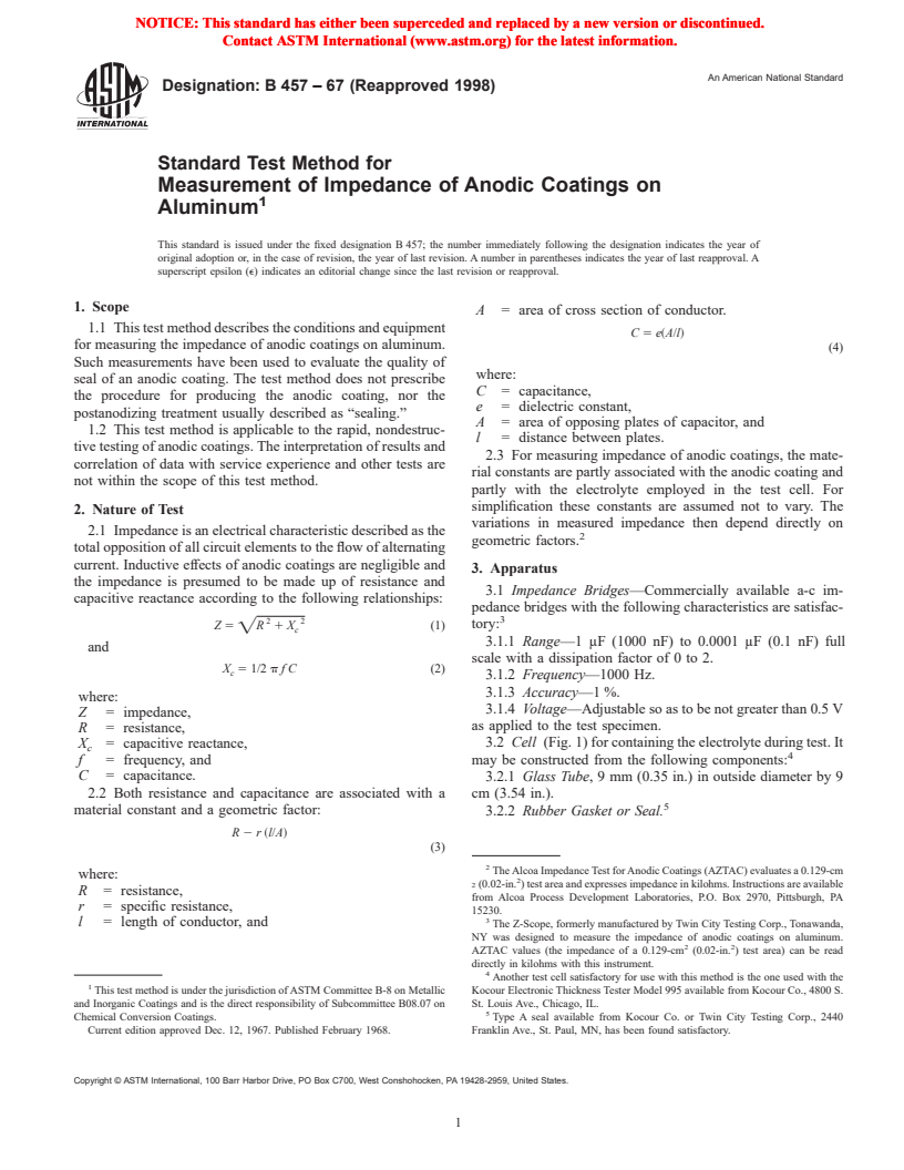 ASTM B457-67(1998) - Standard Test Method for Measurement of Impedance of Anodic Coatings on Aluminum