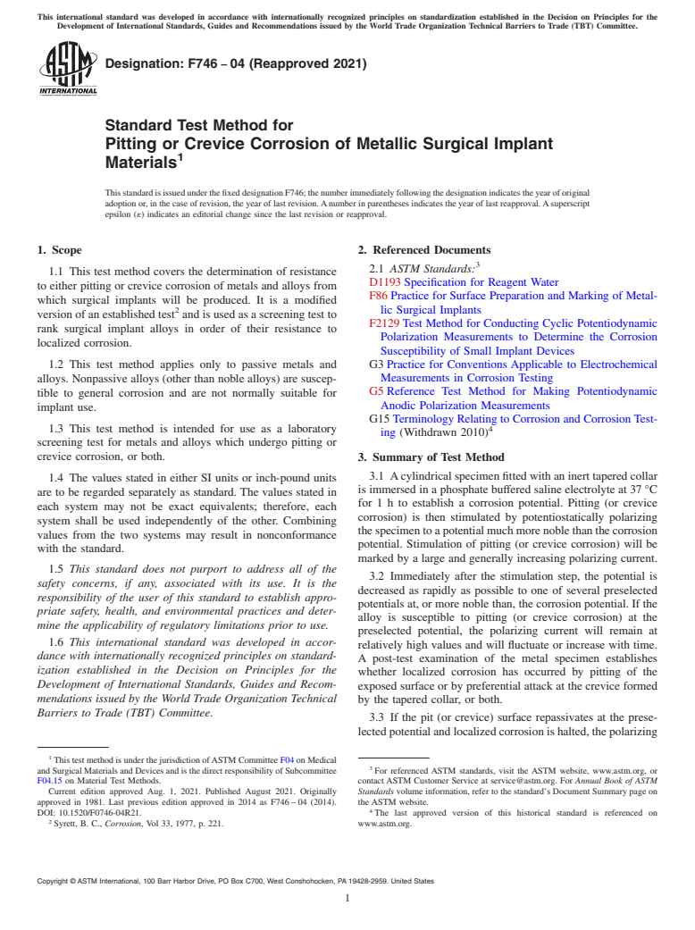 ASTM F746-04(2021) - Standard Test Method for Pitting or Crevice Corrosion of Metallic Surgical Implant Materials