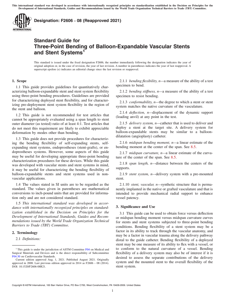 ASTM F2606-08(2021) - Standard Guide for Three-Point Bending of Balloon-Expandable Vascular Stents and  Stent Systems