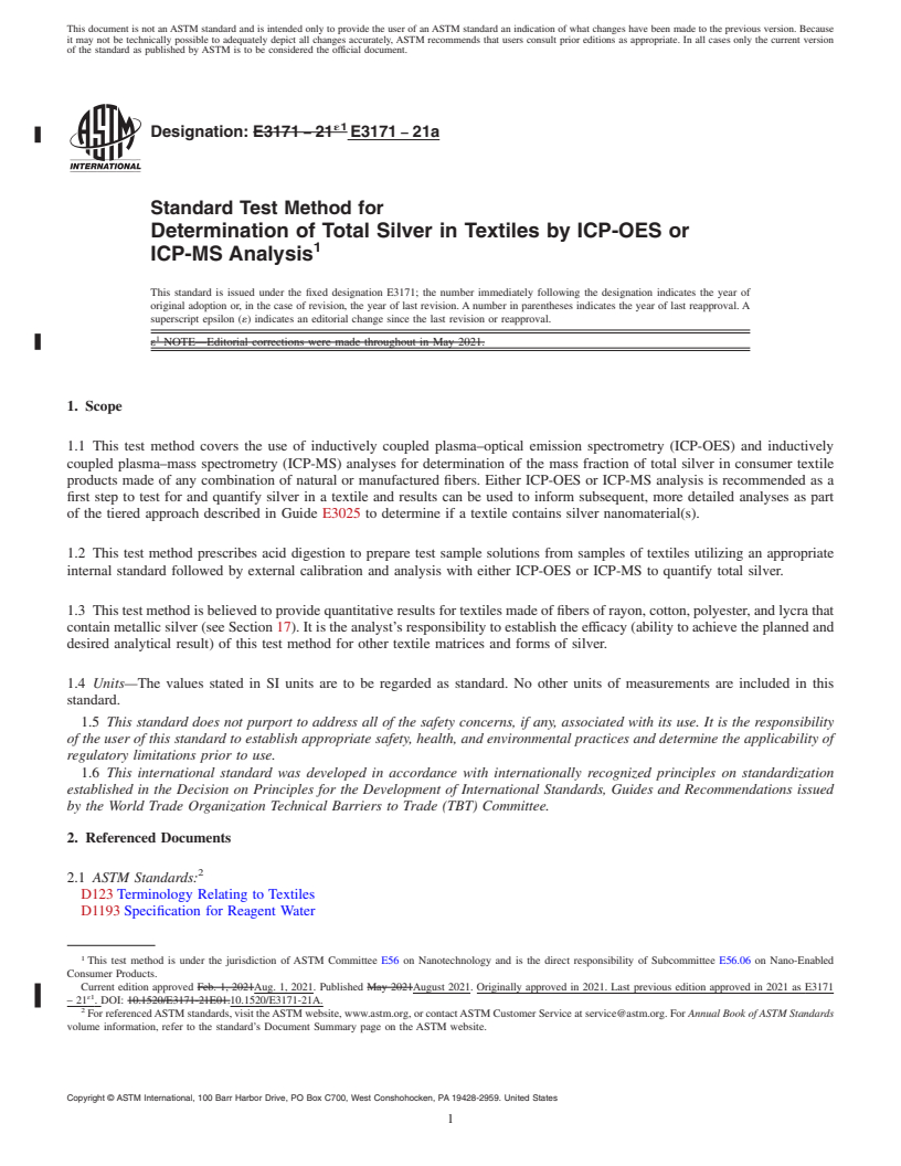 REDLINE ASTM E3171-21a - Standard Test Method for Determination of Total Silver in Textiles by ICP-OES or ICP-MS  Analysis
