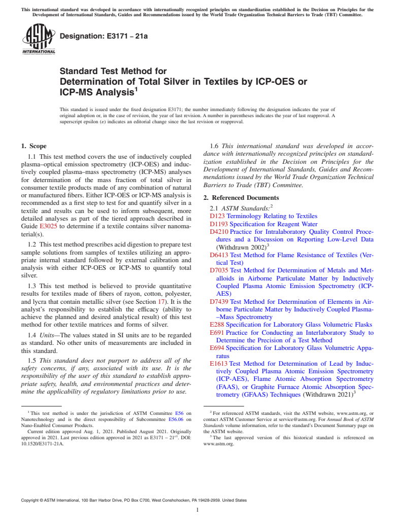 ASTM E3171-21a - Standard Test Method for Determination of Total Silver in Textiles by ICP-OES or ICP-MS  Analysis