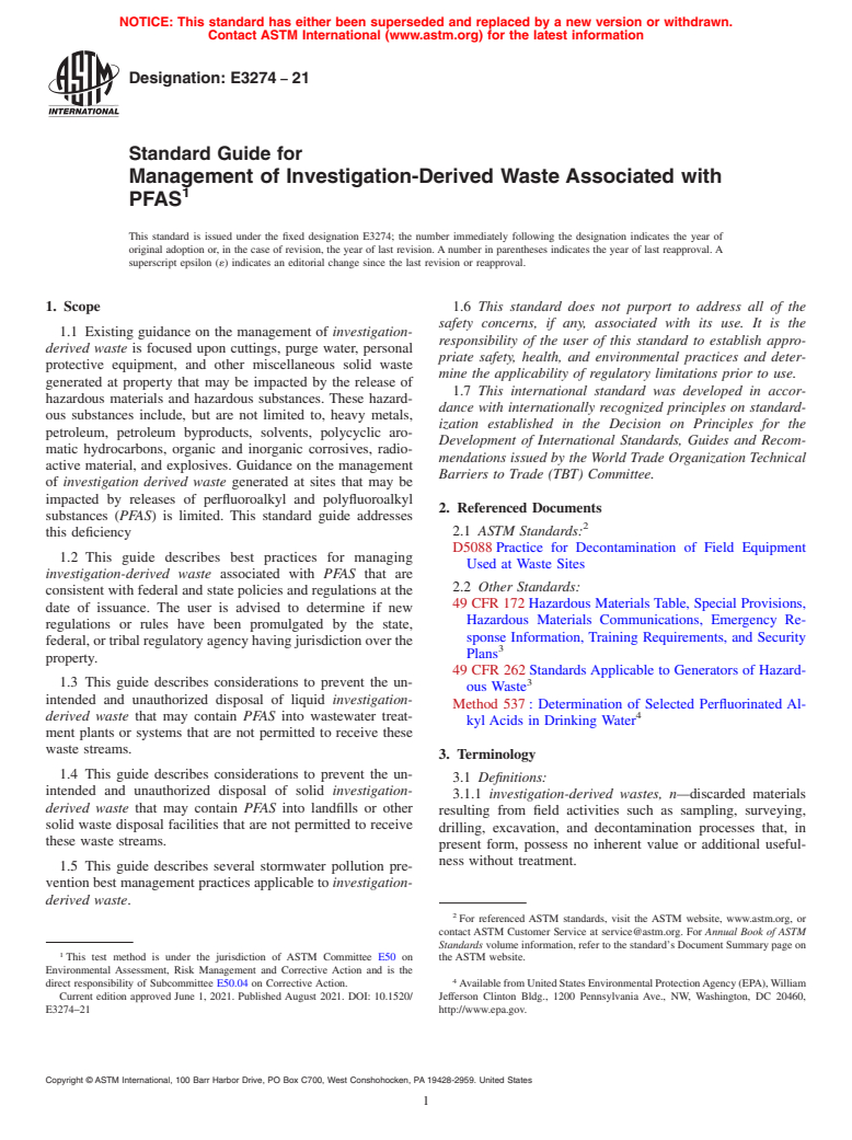 ASTM E3274-21 - Standard Guide for Management of Investigation-Derived Waste Associated with PFAS