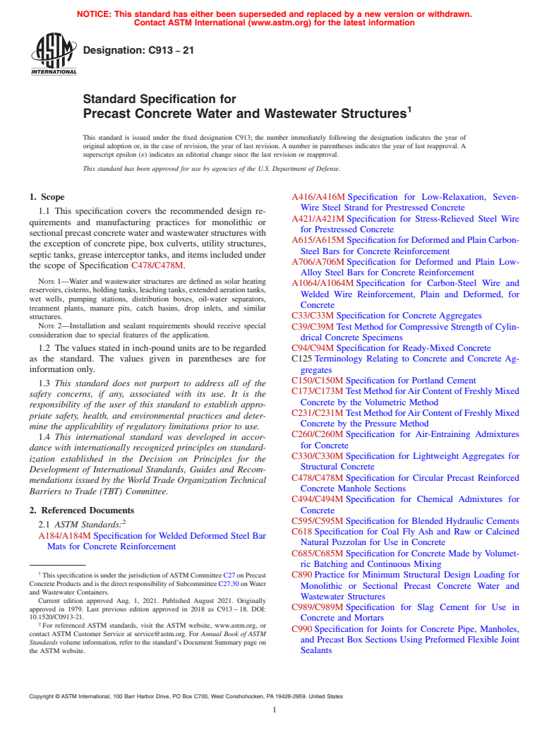 ASTM C913-21 - Standard Specification for Precast Concrete Water and Wastewater Structures