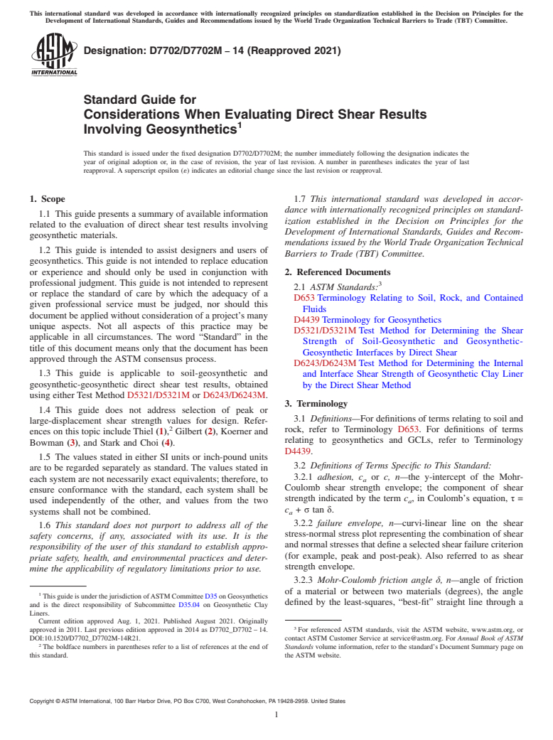 ASTM D7702/D7702M-14(2021) - Standard Guide for Considerations When Evaluating Direct Shear Results Involving  Geosynthetics