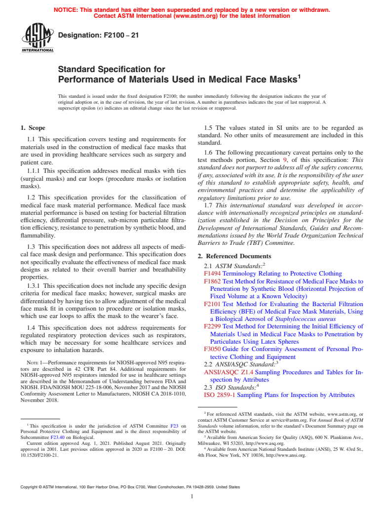 ASTM F2100-21 - Standard Specification for Performance of Materials Used in Medical Face Masks