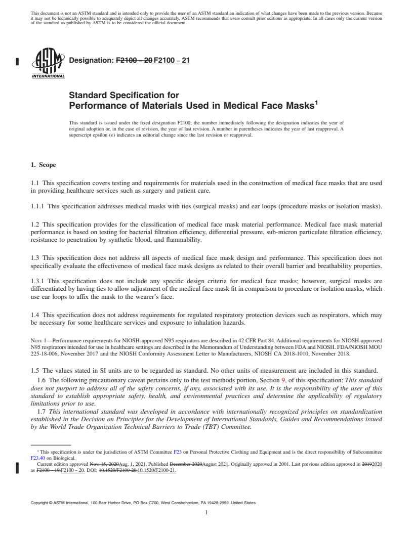 REDLINE ASTM F2100-21 - Standard Specification for Performance of Materials Used in Medical Face Masks