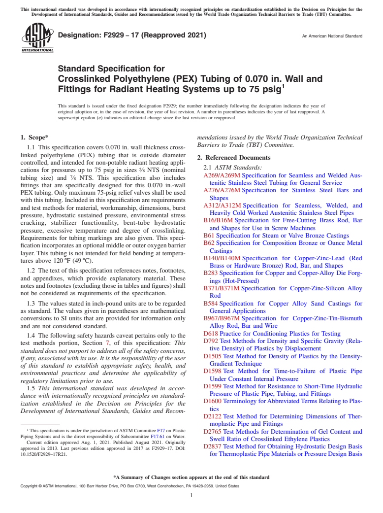 ASTM F2929-17(2021) - Standard Specification for Crosslinked Polyethylene (PEX) Tubing of 0.070 in. Wall and  Fittings for Radiant Heating Systems up to 75 psig