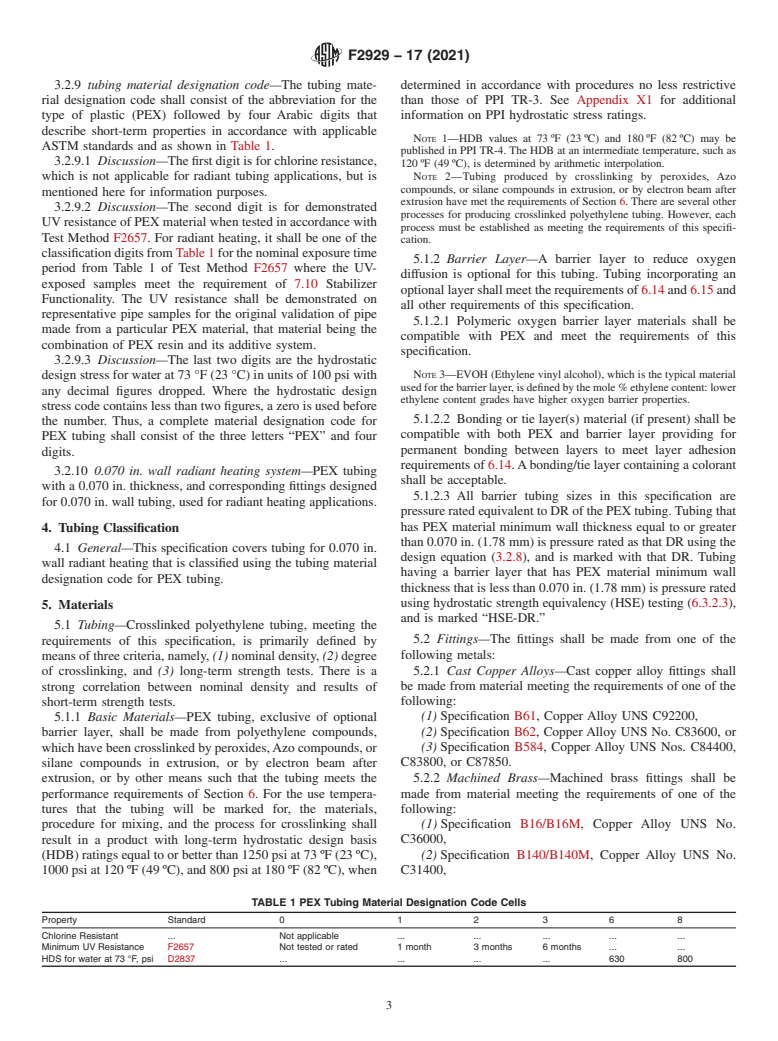 ASTM F2929-17(2021) - Standard Specification for Crosslinked Polyethylene (PEX) Tubing of 0.070 in. Wall and  Fittings for Radiant Heating Systems up to 75 psig