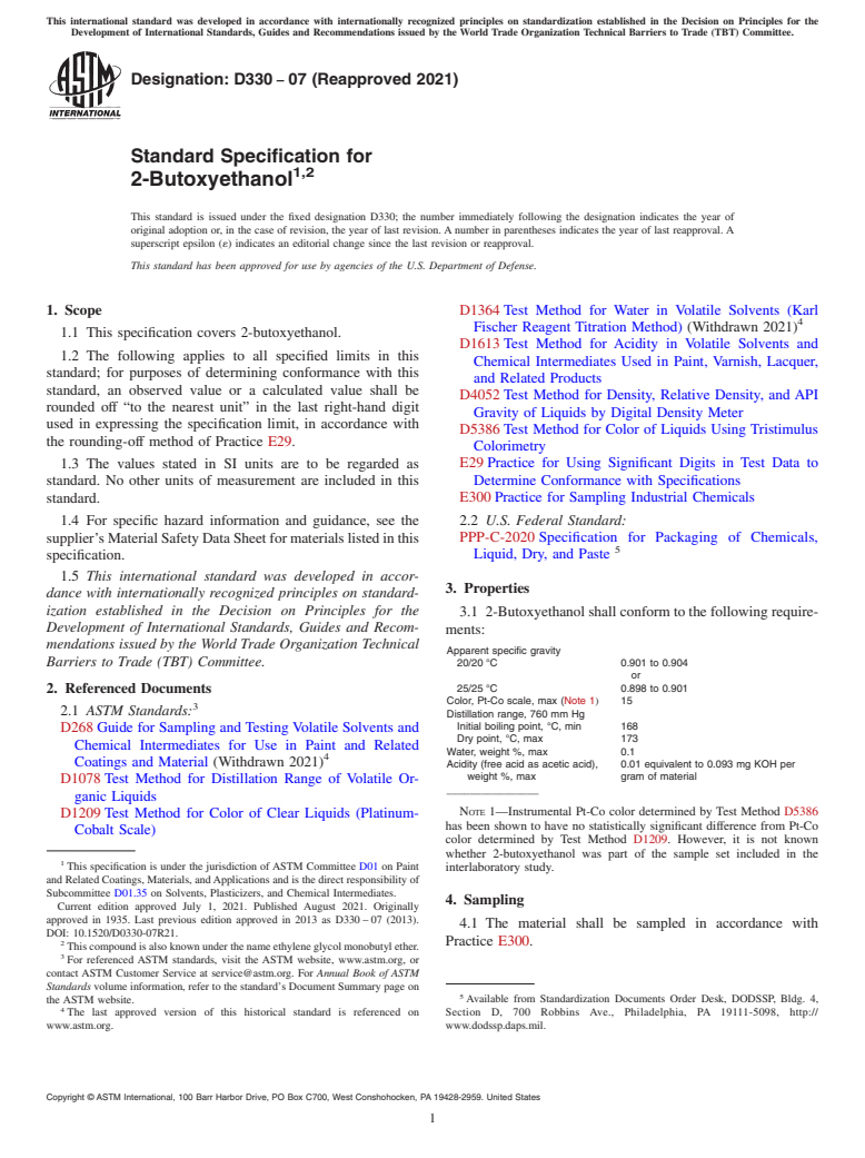 ASTM D330-07(2021) - Standard Specification for  2-Butoxyethanol