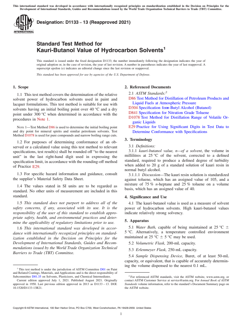 ASTM D1133-13(2021) - Standard Test Method for Kauri-Butanol Value of Hydrocarbon Solvents