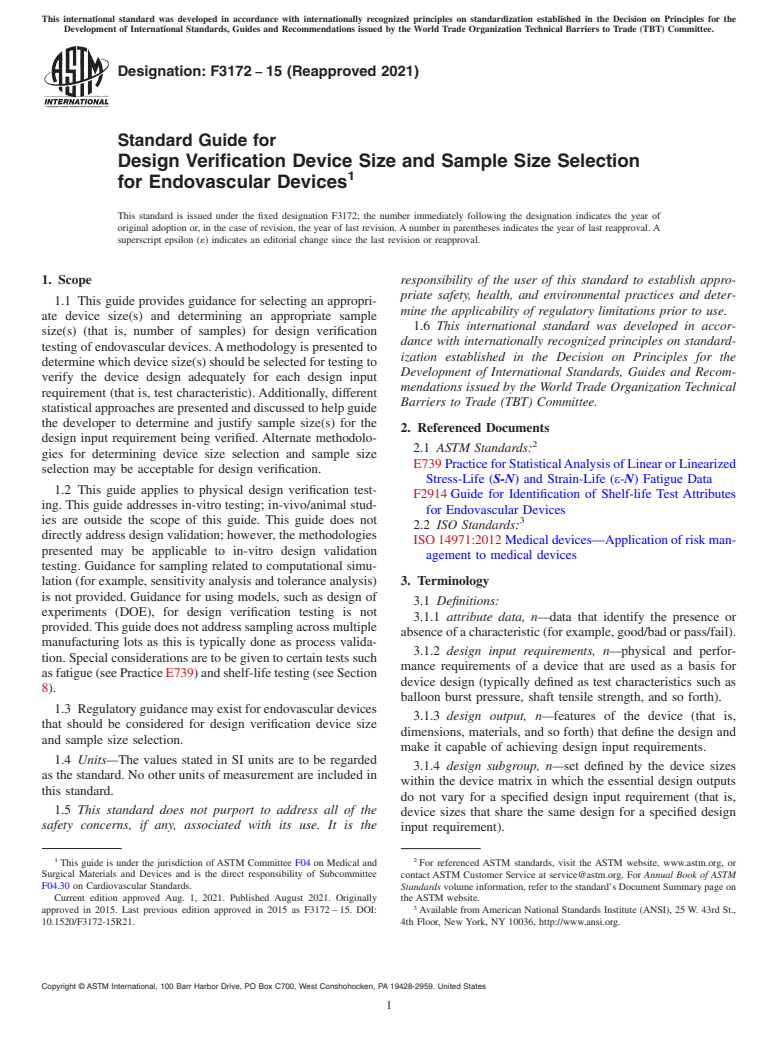 ASTM F3172-15(2021) - Standard Guide for Design Verification Device Size and Sample Size Selection for  Endovascular Devices