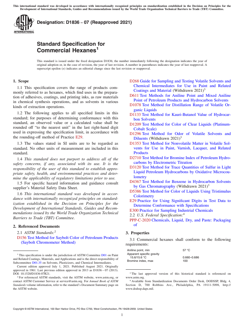 ASTM D1836-07(2021) - Standard Specification for  Commercial Hexanes