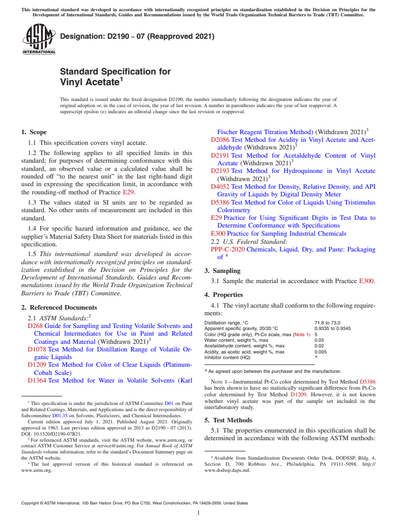 ASTM D2190-07(2021) - Standard Specification for  Vinyl Acetate