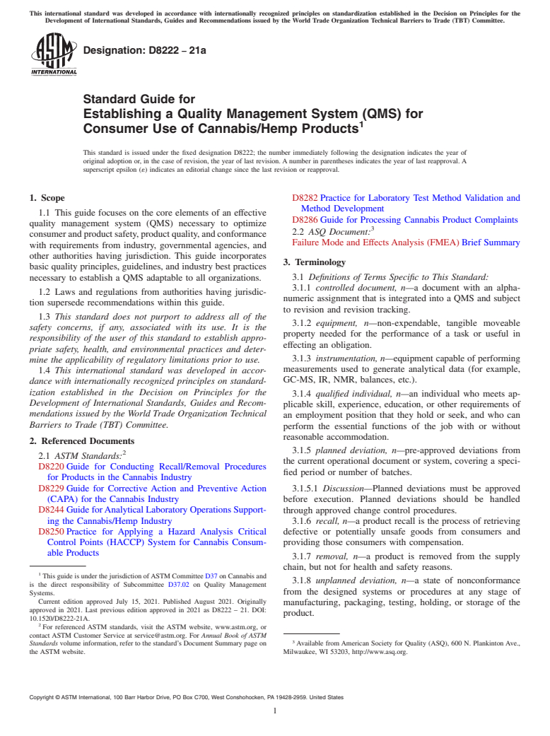ASTM D8222-21a - Standard Guide for Establishing a Quality Management System (QMS) for Consumer  Use of Cannabis/Hemp Products