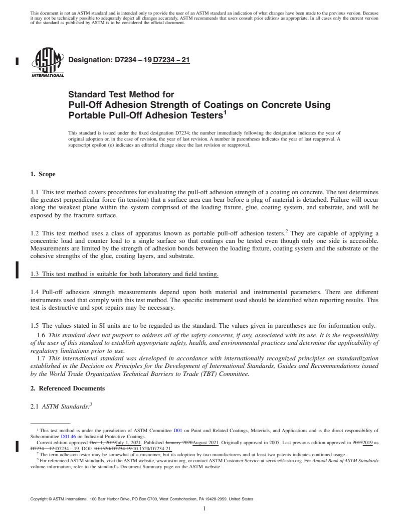 REDLINE ASTM D7234-21 - Standard Test Method for Pull-Off Adhesion Strength of Coatings on Concrete Using Portable  Pull-Off     Adhesion Testers