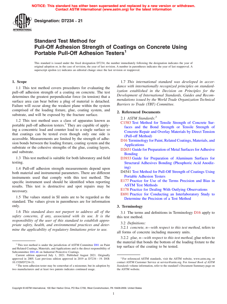 ASTM D7234-21 - Standard Test Method for Pull-Off Adhesion Strength of Coatings on Concrete Using Portable  Pull-Off     Adhesion Testers